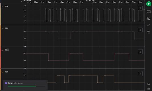 Oszilloskop-Aufzeichnung von JTAG-Signalen TCK, TDO, TMS, TDI