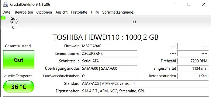CrystalDiskInfo Screenshot einer Festplatte