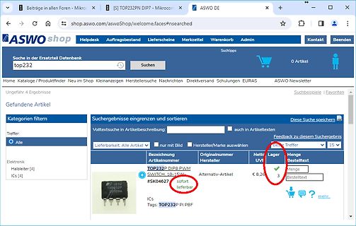 Screenshot eines Online-Shops für Elektronikbauteile