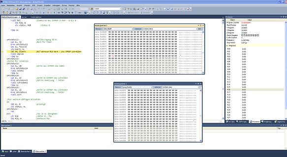 Screenshot eines Assembler-Debuggers mit Speicherinhalten
