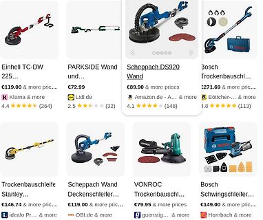 Screenshot von Online-Produktangeboten für Schleifmaschinen
