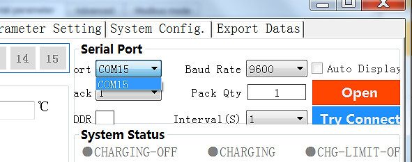 Software-Konfigurationsfenster für eine serielle Schnittstelle