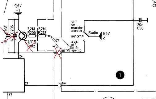 Ausschnitt eines Schaltplans mit Schalter und Radio-Versorgung