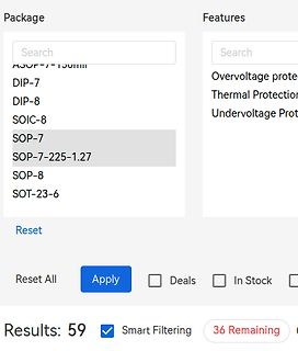 Filteroptionen eines Online-Shops für elektronische Bauteile