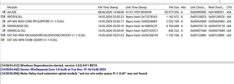 Screenshot einer Dependency Walker Liste mit Fehlermeldung