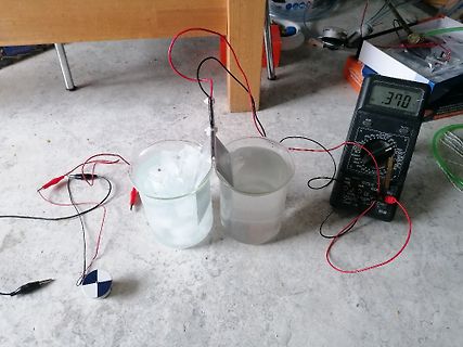 Elektrochemischer Aufbau mit Multimeter und Bechergläsern