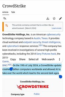 Screenshot eines Wikipedia-Artikels über CrowdStrike