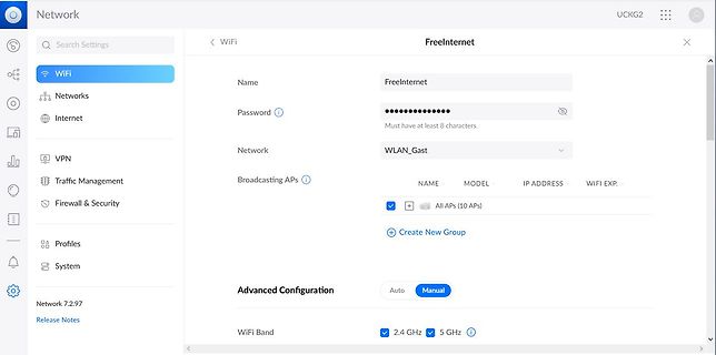 Benutzeroberfläche der WiFi-Einstellungen eines Netzwerk-Controllers