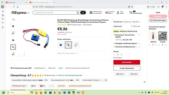 AliExpress Produktseite für DC 12V 30A Drehzahlregler