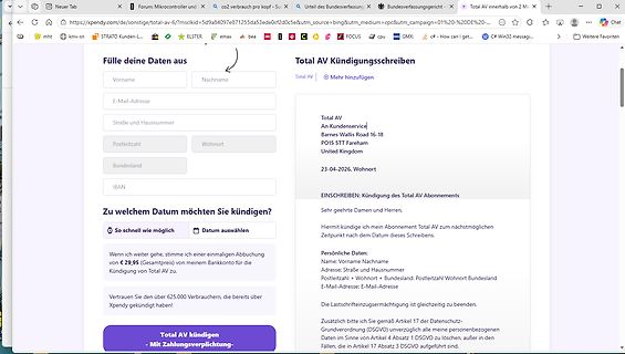 Screenshot einer Kündigungsseite für Total AV