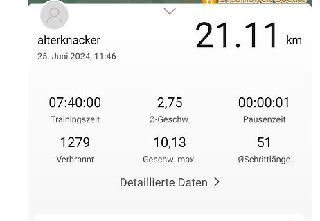 Screenshot einer Lauf-App mit Trainingsdaten