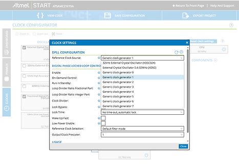 Software-Screenshot eines Atmel Clock Configurators