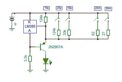 Schaltplan einer Konstantstromquelle mit LM385 und MOSFET