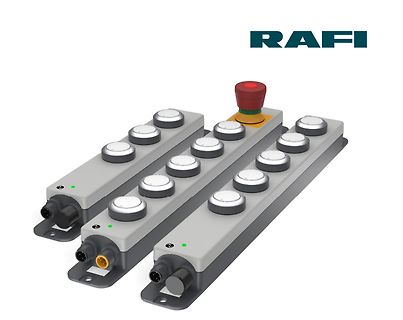 RAFI Firmenlogo und Produktabbildung von Bedienmodulen