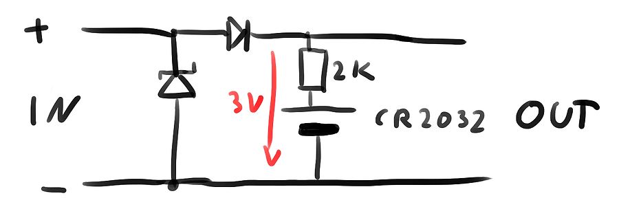 Handgezeichneter Schaltplan mit Zenerdiode und CR2032 Batterie