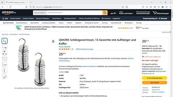 Amazon-Produktseite für Schlitzgewichtsset