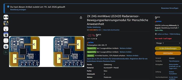 Amazon Produktseite für LD2420 Radarsensor