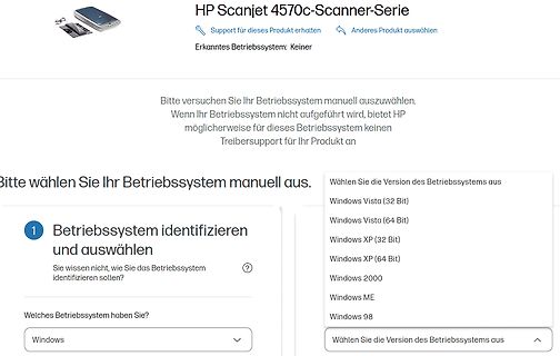 HP Scanjet Support-Webseite zur Betriebssystemauswahl