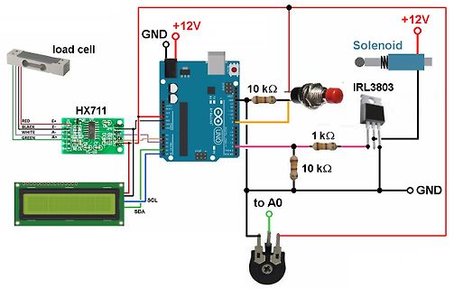 Schaltplan mit Arduino, Load Cell, HX711 und Solenoid