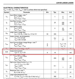 Tabelle der elektrischen Eigenschaften eines LM193-LM293-LM393 ICs