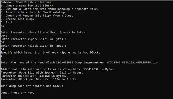 Softwaremenü zur Analyse eines Nand Flash Dumps