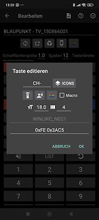 Screenshot einer App zur Fernbedienung-Konfiguration