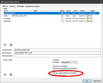 Eigenschaften-Dialogfenster eines Footprints in einer EDA-Software