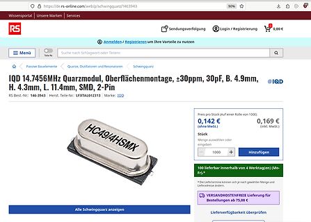 Screenshot eines Webshops für ein Quarzmodul