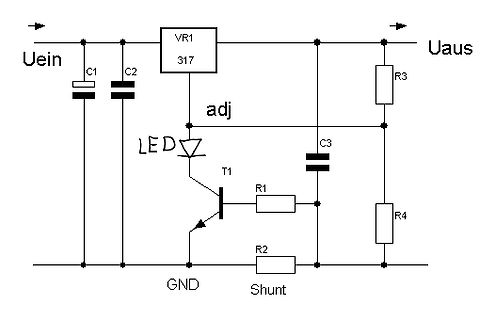 Schaltplan eines Spannungsreglers mit LED-Anzeige