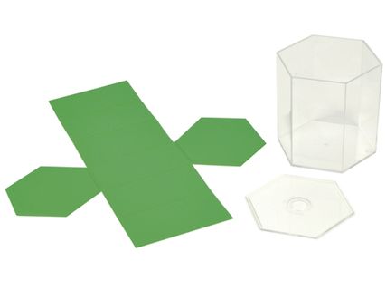 Grüner Karton und transparenter Kunststoffbehälter