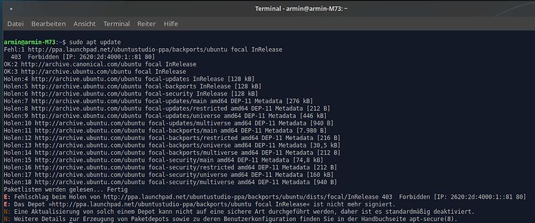 Terminal-Fehlermeldung bei apt update