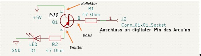 Schaltplan eines PNP-Transistor-Schalters mit LED