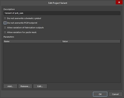 Dialogfenster Edit Project Variant in einer Software