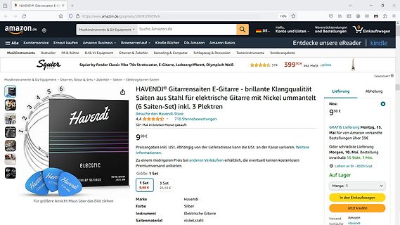 Amazon-Produktseite für Havendi E-Gitarrensaiten