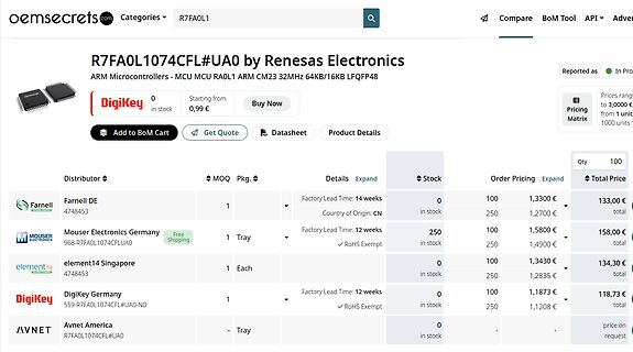 Screenshot einer Website für elektronische Bauteile