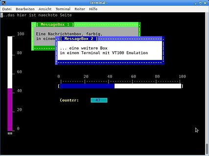 Terminal-Fenster mit Textboxen und Fortschrittsbalken