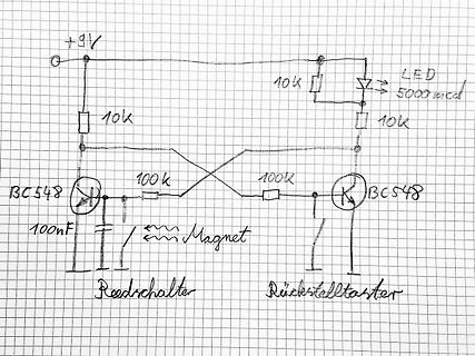 Handgezeichneter Schaltplan mit Reedkontakt und LED