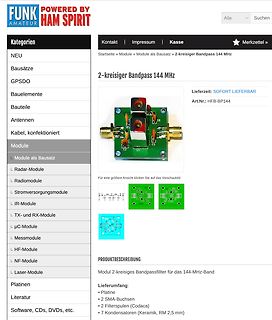 Screenshot eines Online-Shops für ein 144 MHz Bandpass-Modul