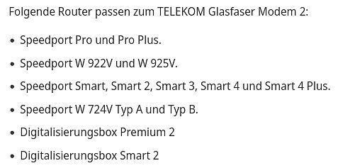 Liste kompatibler Router für Telekom Glasfaser Modem 2