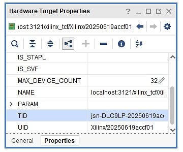 Hardware Target Properties Fenster in einer Software