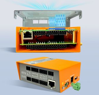 Explosionszeichnung eines orangefarbenen Elektronikgehäuses mit Leiterplatten