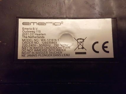 Typenschild eines Emerio Geräts
