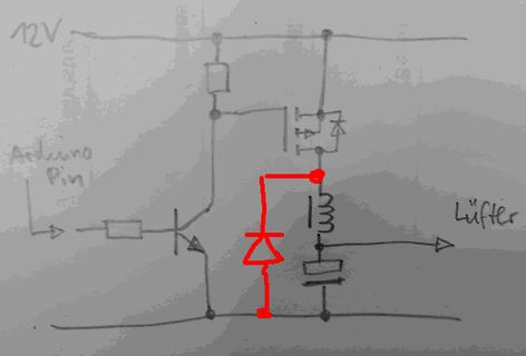 Handgezeichneter Schaltplan zur Steuerung eines Lüfters mit MOSFET
