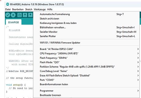 Arduino IDE Menü für ESP32-CAM Einstellungen