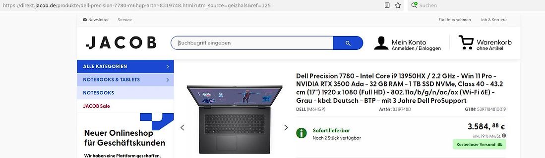 Webseite eines Online-Shops für Dell Precision Laptop