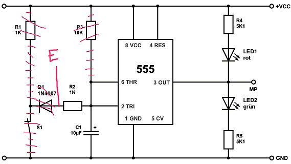 Schaltplan eines 555-Timers mit LED-Ausgang