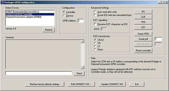 Prologix GPIB Configurator Software Fenster