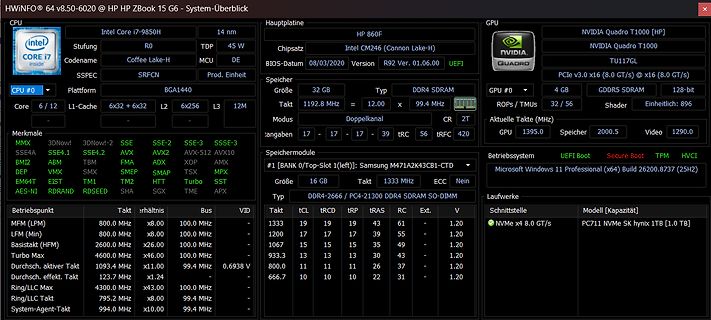 CPU-Z System-Übersicht eines HP ZBook 15 G6