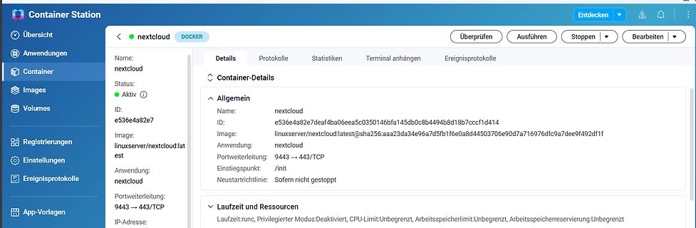 Screenshot der Container Station Oberfläche mit Nextcloud Details
