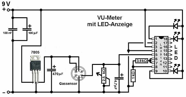 Schaltplan VU-Meter mit LED-Anzeige und Gassensor